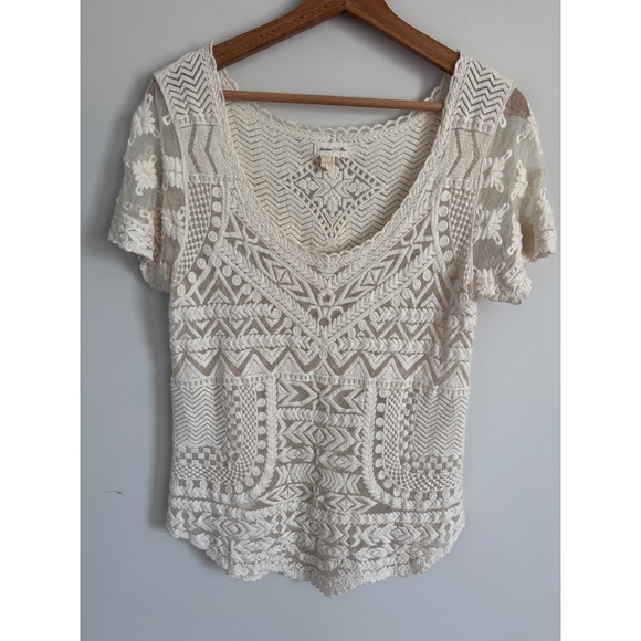 Meadow Rue Tops - Meadow Rue Anthropologie Cream Lace Mesh Geometric Embroidered Boho Top Large